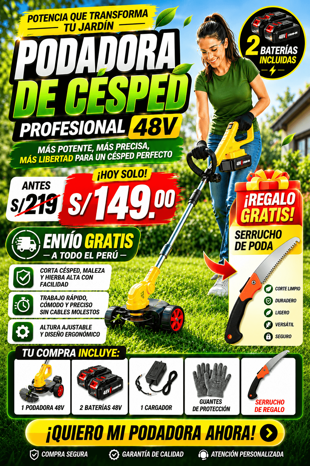 🌿 PODADORA DE CÉSPED PROFESIONAL 48V