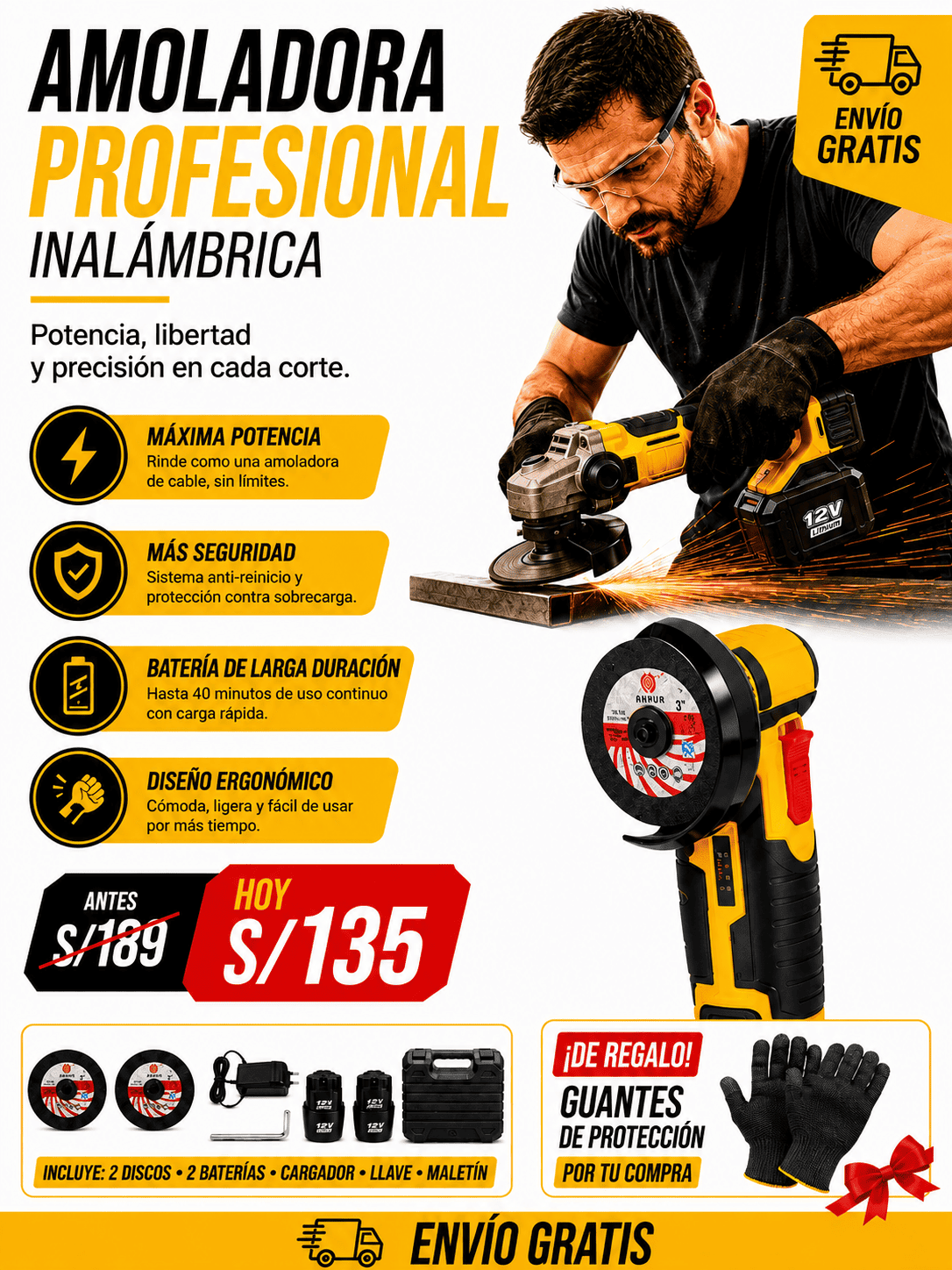 AMOLADORA PROFESIONAL INALAMBRICA DE 3