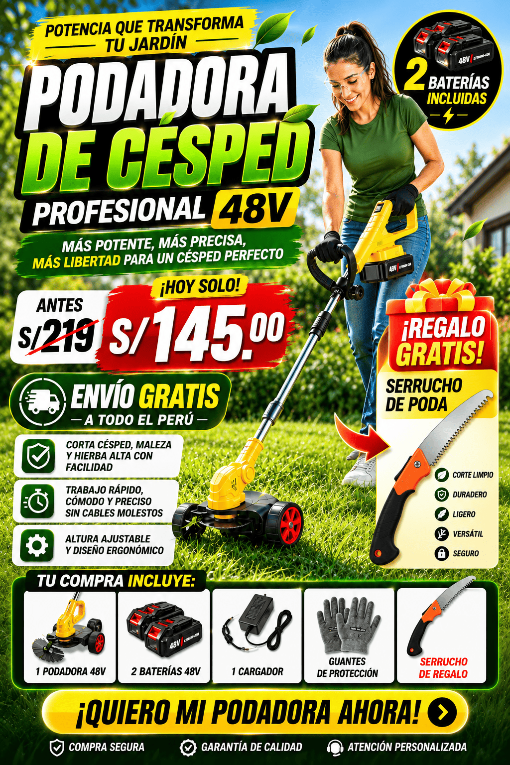 🌿 PODADORA DE CÉSPED PROFESIONAL 48V