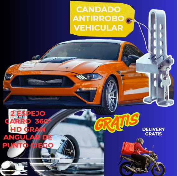 CANDADO ANTIRROBOS PARA VEHÍCULO + 2 ESPEJO 360 GRADOS
