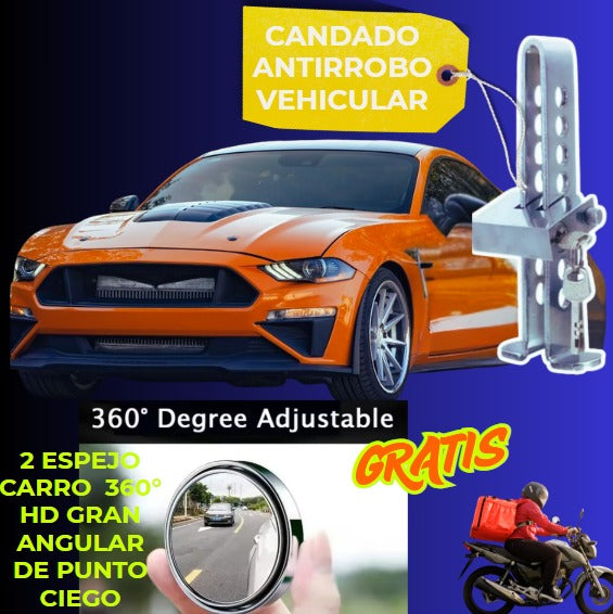 CANDADO ANTIRROBOS PARA VEHÍCULO + 2 ESPEJO 360 GRADOS
