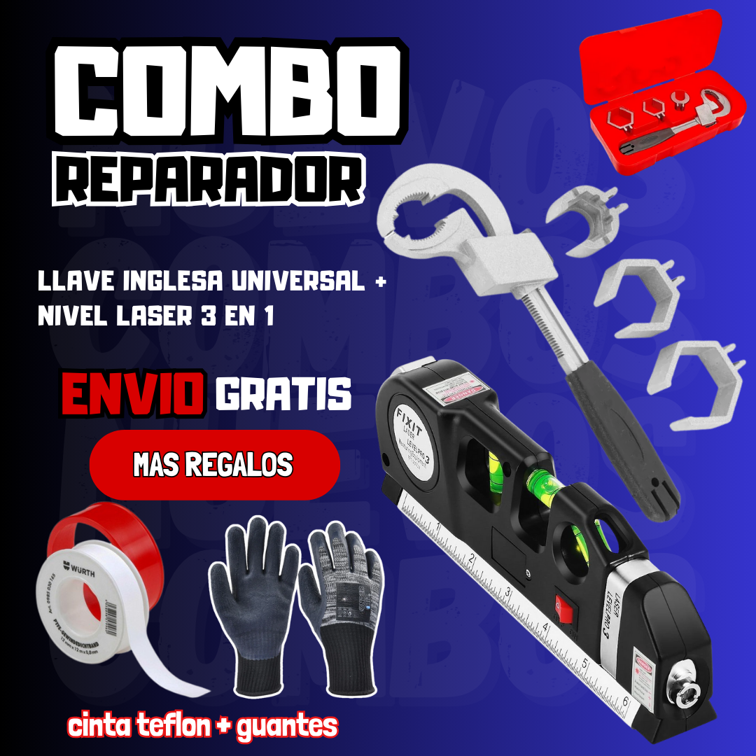 Combo Reparador llave inglesa universal + nivel láser 3 en 1