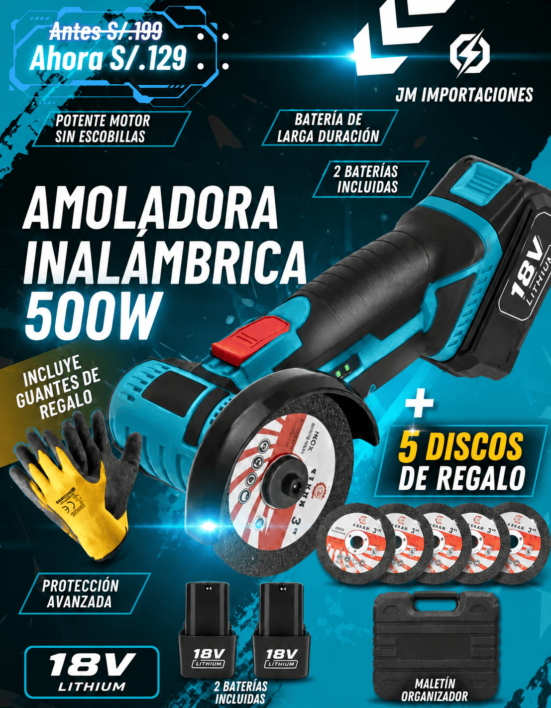 AMOLADORA INALAMBRICA PORTATIL(2BATERIA) REGALO 5 DISCOS