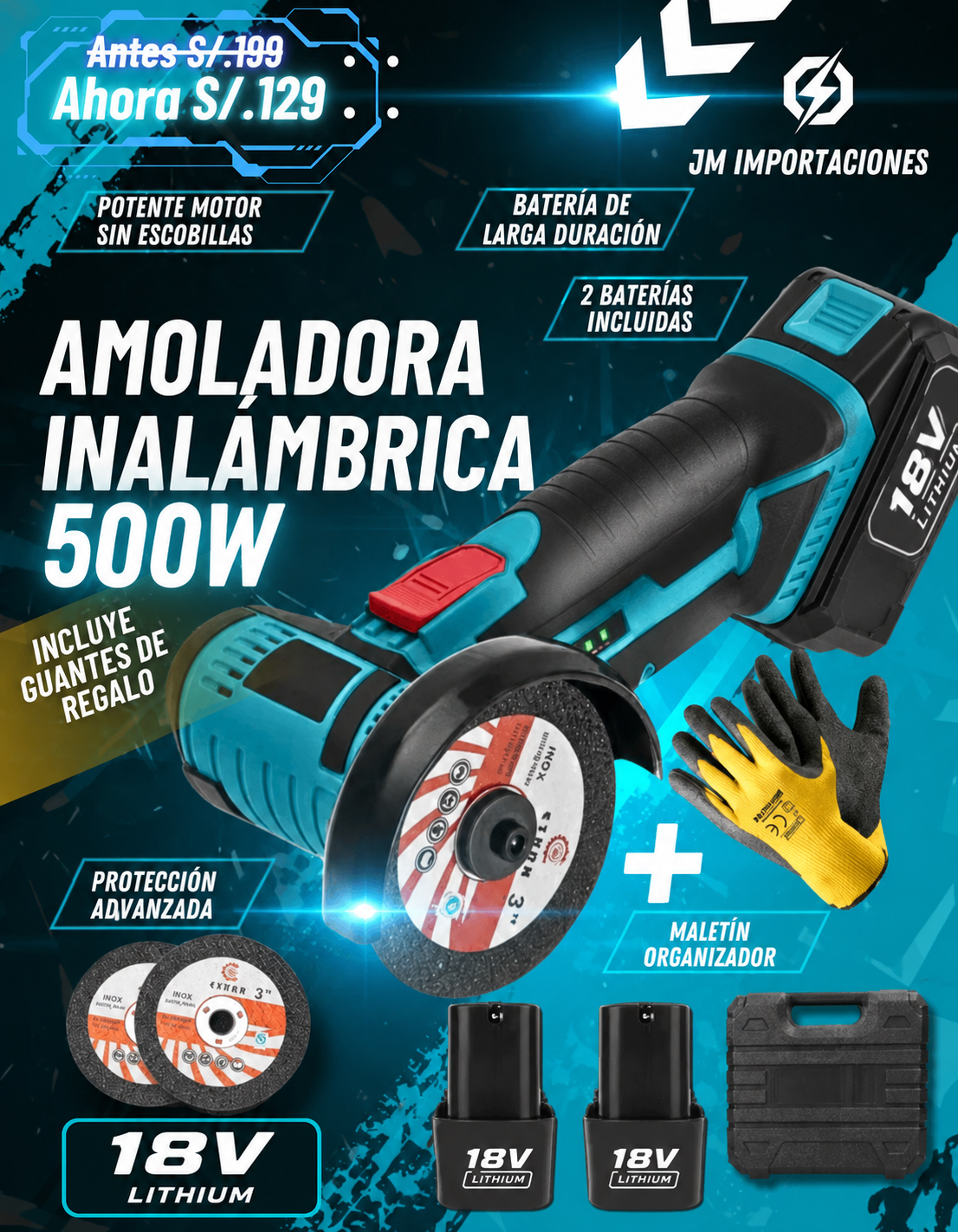 AMOLADORA INALAMBRICA PORTATIL(2BATERIA) REGALO 7 DISCOS