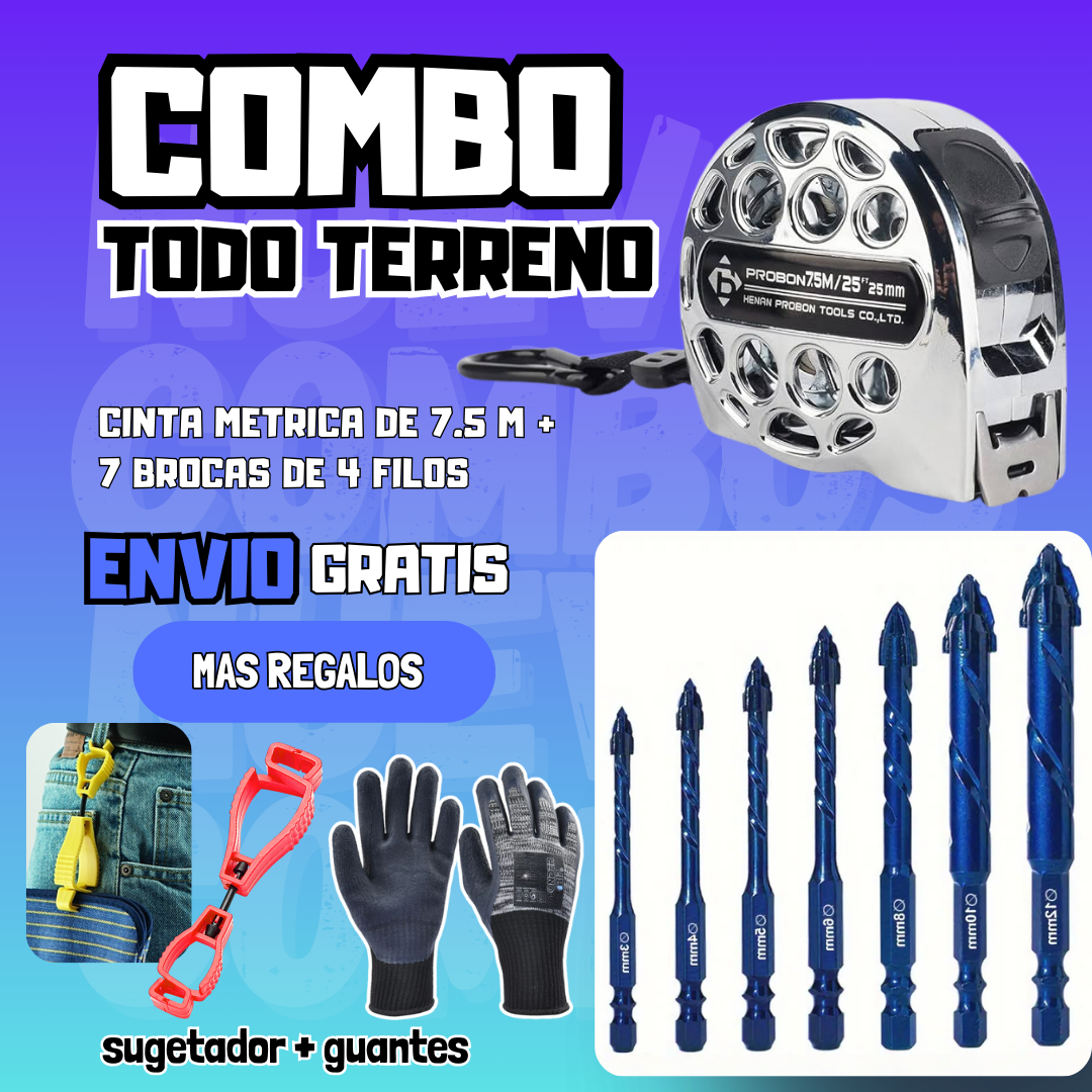 Combo Todo Terreno set de brocas cruzadas de 4 filos + cinta métrica de acero inoxidable de 7.5 M