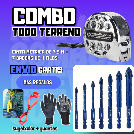 Combo Todo Terreno set de brocas cruzadas de 4 filos + cinta métrica de acero inoxidable de 7.5 M