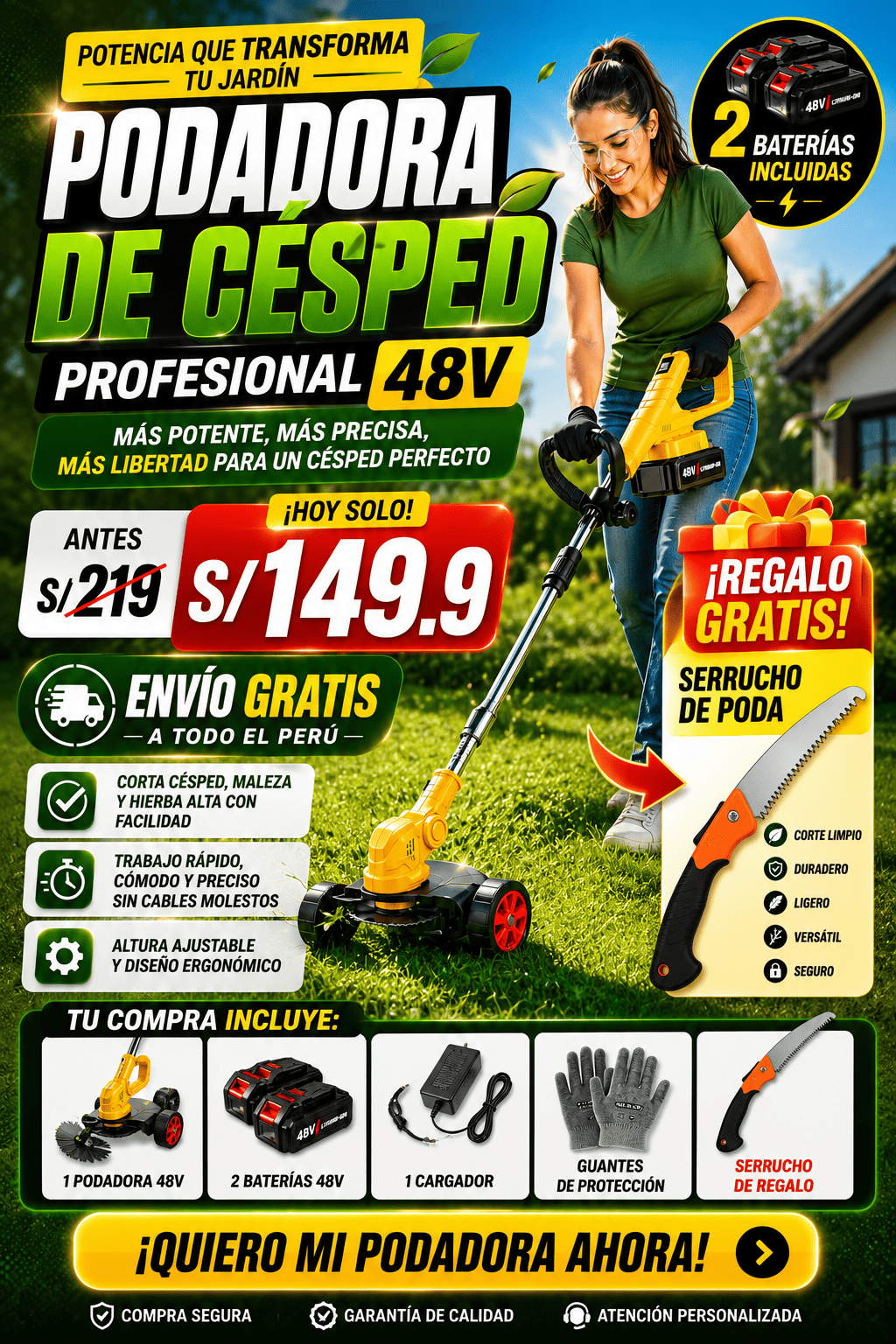 🌿 PODADORA DE CÉSPED PROFESIONAL 48V