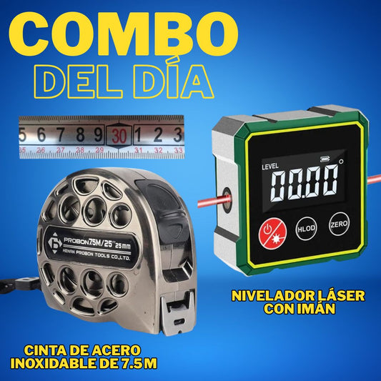 Combo PAPÁ Nivelador Láser con Imán + Cinta Métrica de Acero Inoxidable 7.5 m