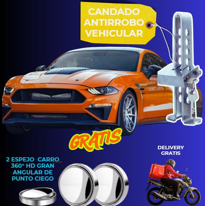 CANDADO ANTIRROBOS PARA VEHÍCULO + 2 ESPEJO 360 GRADOS