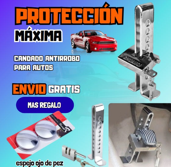 CANDADO ANTIRROBOS PARA VEHÍCULO + 02 ESPEJOS