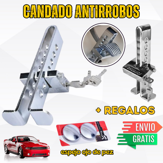 CANDADO ANTIRROBOS PARA VEHÍCULO + 2 ESPEJO 360 GRADOS
