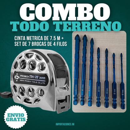 Combo Todo Terreno set de brocas cruzadas de 4 filos + cinta métrica de acero inoxidable de 7.5 M