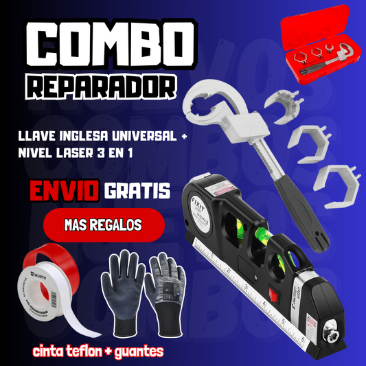 Combo Reparador llave inglesa universal + nivel láser 3 en 1